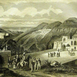 1-Art print of Beiteddine town among the mountains and valleys of the Shouf area, south east of Beirut, circa 1860. Deir el-Qamar, the Emirs’ town, is in the background