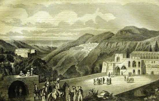 1-Art print of Beiteddine town among the mountains and valleys of the Shouf area, south east of Beirut, circa 1860. Deir el-Qamar, the Emirs’ town, is in the background